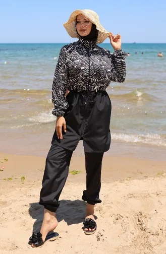 Beli Lastikli Zebra Desenli Fermuarlı Tesettür Mayo Bone Hediyeli 9005J-01 Siyah Beyaz