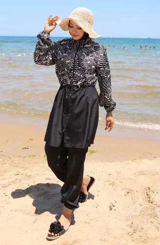 Beli Lastikli Zebra Desenli Fermuarlı Tesettür Mayo Bone Hediyeli 9005J-01 Siyah Beyaz