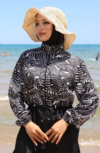 Beli Lastikli Zebra Desenli Fermuarlı Tesettür Mayo Bone Hediyeli 9005J-01 Siyah Beyaz