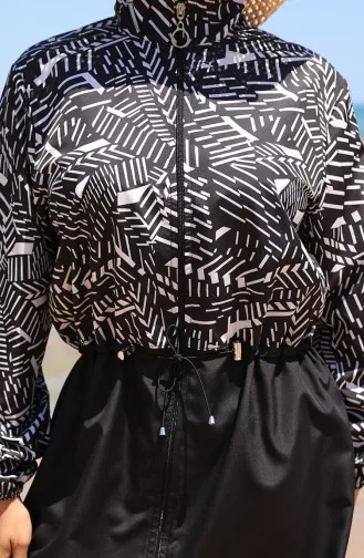 Beli Lastikli Zebra Desenli Fermuarlı Tesettür Mayo Bone Hediyeli 9005J-01 Siyah Beyaz