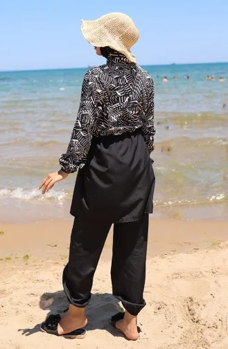 Beli Lastikli Zebra Desenli Fermuarlı Tesettür Mayo Bone Hediyeli 9005J-01 Siyah Beyaz