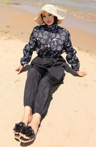 Beli Lastikli Çapa Desenli Fermuarlı Tesettür Mayo Bone Hediyeli 9005K-01 Siyah Mavi