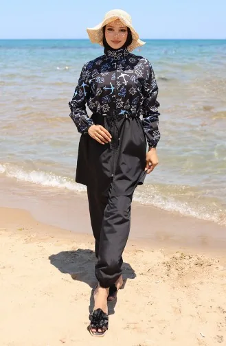 Beli Lastikli Çapa Desenli Fermuarlı Tesettür Mayo Bone Hediyeli 9005K-01 Siyah Mavi