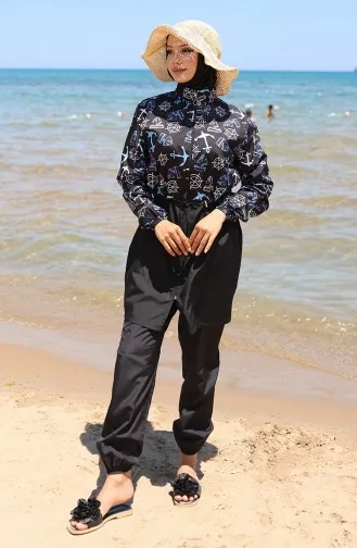 Beli Lastikli Çapa Desenli Fermuarlı Tesettür Mayo Bone Hediyeli 9005K-01 Siyah Mavi