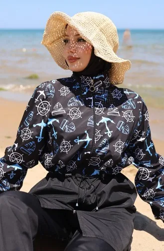 Beli Lastikli Çapa Desenli Fermuarlı Tesettür Mayo Bone Hediyeli 9005K-01 Siyah Mavi