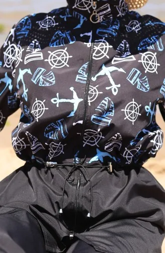 Beli Lastikli Çapa Desenli Fermuarlı Tesettür Mayo Bone Hediyeli 9005K-01 Siyah Mavi