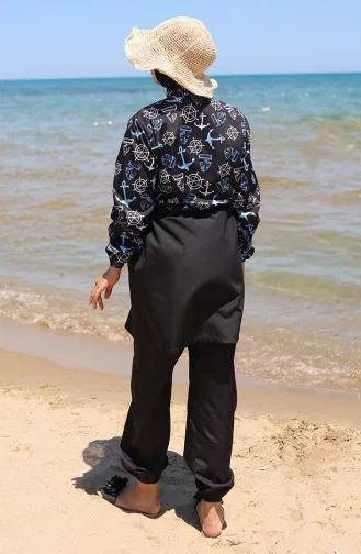 Beli Lastikli Çapa Desenli Fermuarlı Tesettür Mayo Bone Hediyeli 9005K-01 Siyah Mavi