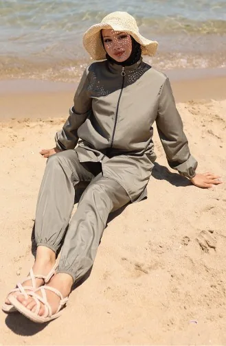 Maillot De Bain Hijab Zippé 2 Pièces Atlas Avec Bonnet 9006-04 Vert Kaki 9006-04