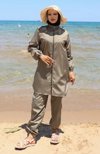 Maillot De Bain Hijab Zippé 2 Pièces Atlas Avec Bonnet 9006-04 Vert Kaki 9006-04