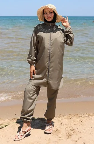 Maillot De Bain Hijab Zippé 2 Pièces Atlas Avec Bonnet 9006-04 Vert Kaki 9006-04