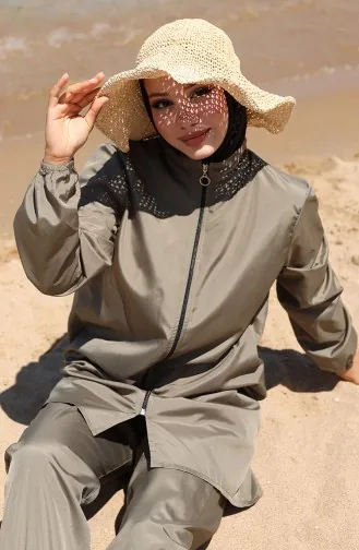 Maillot De Bain Hijab Zippé 2 Pièces Atlas Avec Bonnet 9006-04 Vert Kaki 9006-04