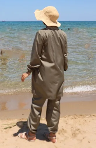 Maillot De Bain Hijab Zippé 2 Pièces Atlas Avec Bonnet 9006-04 Vert Kaki 9006-04