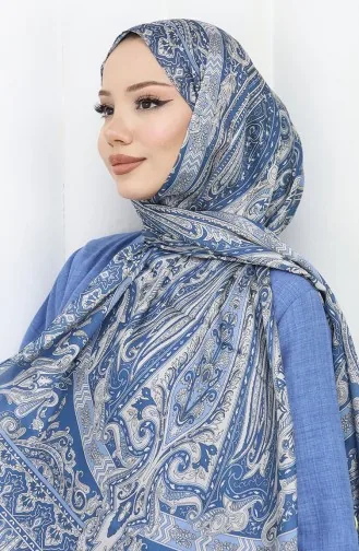 Etnik Desen Janjan Şal 70305-07 İndigo Vizon