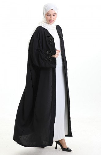 Fermuarlı Kelebek Desen Abaya 0165-01 Siyah