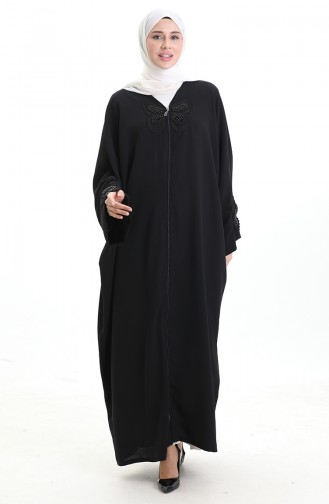 Fermuarlı Kelebek Desen Abaya 0165-01 Siyah