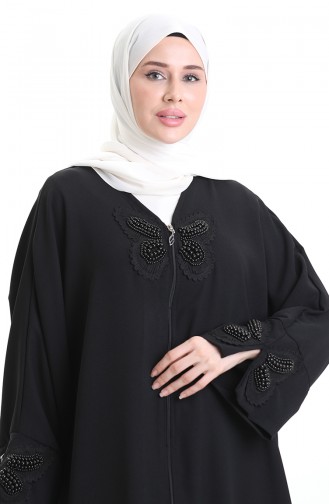 Fermuarlı Kelebek Desen Abaya 0165-01 Siyah