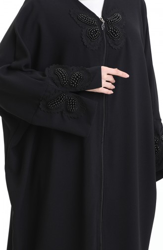 Fermuarlı Kelebek Desen Abaya 0165-01 Siyah