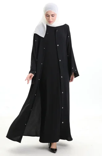 Abaya Laquée à Manches Volantées Grande Taille 0168-01 Noir 0168-01