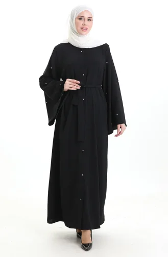 Abaya Laquée à Manches Volantées Grande Taille 0168-01 Noir 0168-01
