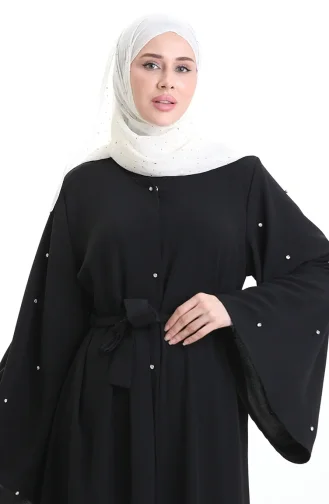 Abaya Laquée à Manches Volantées Grande Taille 0168-01 Noir 0168-01