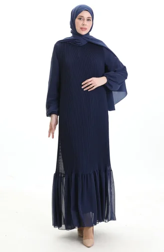 Robe Plissée à Jupe à Volants 0171-04 Bleu Marine 0171-04