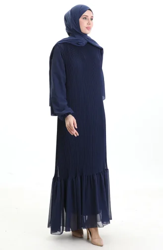 Robe Plissée à Jupe à Volants 0171-04 Bleu Marine 0171-04