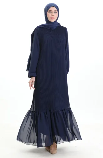 Robe Plissée à Jupe à Volants 0171-04 Bleu Marine 0171-04