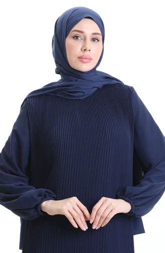 Robe Plissée à Jupe à Volants 0171-04 Bleu Marine 0171-04