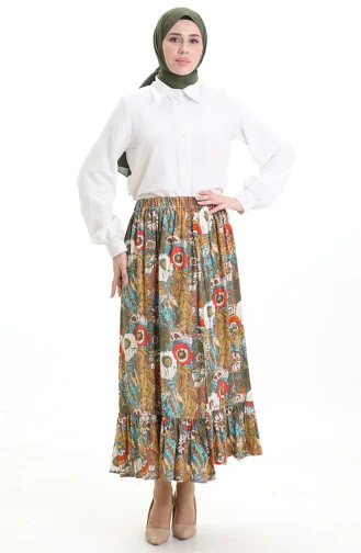 Jupe En Viscose à Taille élastique 2105-01 Kaki Brique 2105-01