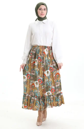 Jupe En Viscose à Taille élastique 2105-01 Kaki Brique 2105-01