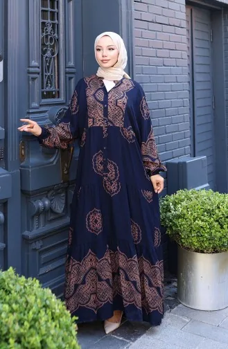 Robe En Viscose à Manches Ballon 5581-01 Bleu Marine 5581-01