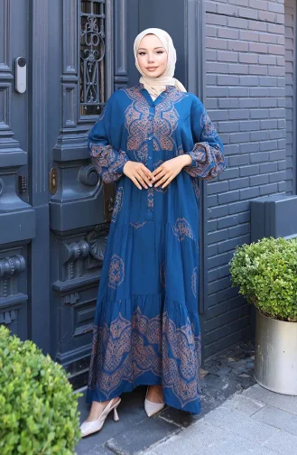 Balon Kol Viskon Elbise 5581-02 Petrol