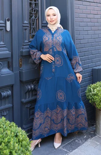 Balon Kol Viskon Elbise 5581-02 Petrol