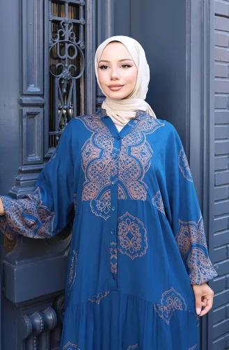 Balon Kol Viskon Elbise 5581-02 Petrol