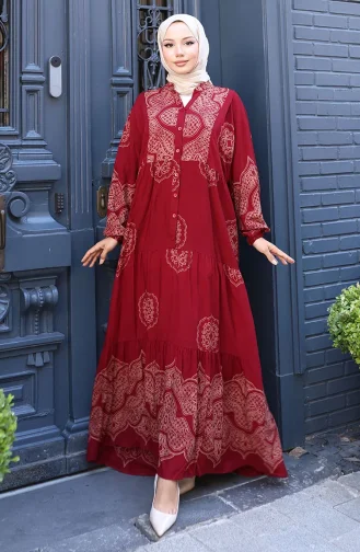 فستان فيسكوز بأكمام منفوخة 5581-03 أحمر كلاريت 5581-03