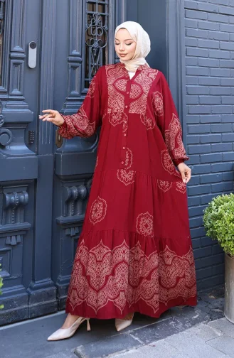 فستان فيسكوز بأكمام منفوخة 5581-03 أحمر كلاريت 5581-03