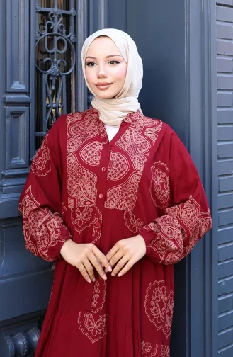 فستان فيسكوز بأكمام منفوخة 5581-03 أحمر كلاريت 5581-03