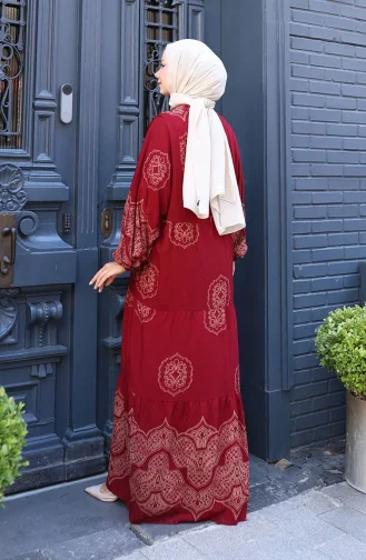 فستان فيسكوز بأكمام منفوخة 5581-03 أحمر كلاريت 5581-03