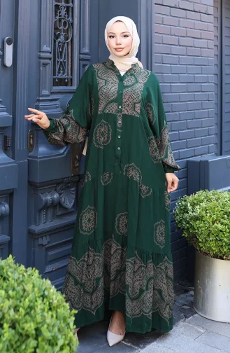 Balon Kol Viskon Elbise 5581-04 Zümrüt Yeşili
