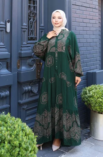 Balon Kol Viskon Elbise 5581-04 Zümrüt Yeşili