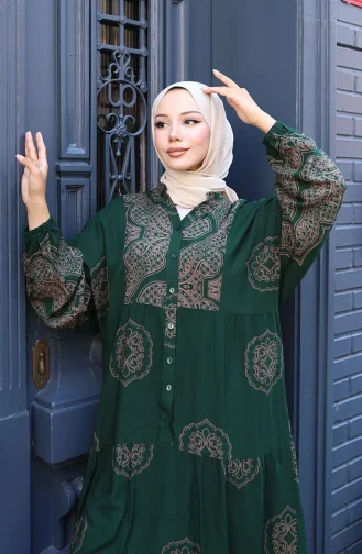 Balon Kol Viskon Elbise 5581-04 Zümrüt Yeşili