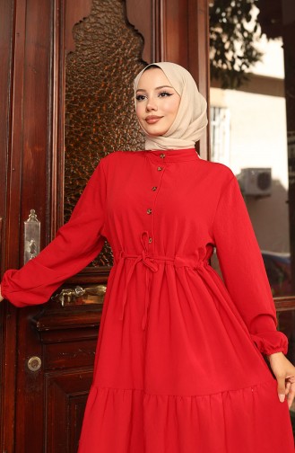 Beli Bağcıklı Elbise 2101-01 Kırmızı
