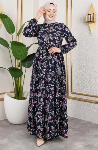 Robe En Viscose Avec Lien à La Taille 7122-02 Bleu Marine 7122-02