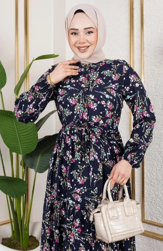 Robe En Viscose Avec Lien à La Taille 7122-02 Bleu Marine 7122-02