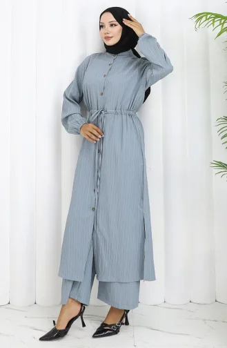 Buttoned Tunic Trousers Two Piece Suit 2100-01 Almond Green 2100-01