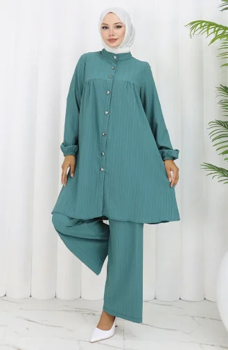 Buttoned Tunic Trousers Two Piece Suit 2108-03 Green 2108-03