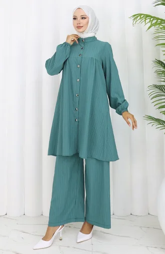 Buttoned Tunic Trousers Two Piece Suit 2108-03 Green 2108-03