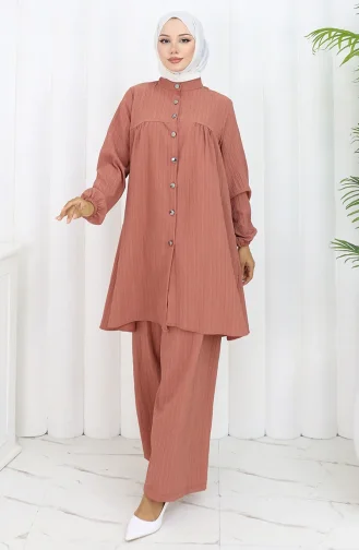 Boydan Düğmeli Tunik Pantolon İkili Takım 2108-04 Gül Kurusu