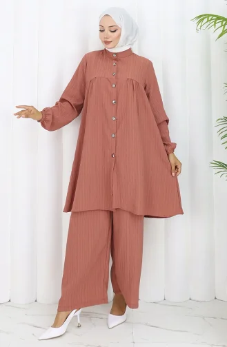 Boydan Düğmeli Tunik Pantolon İkili Takım 2108-04 Gül Kurusu