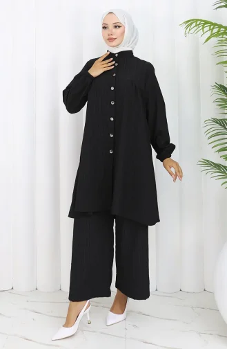 Boydan Düğmeli Tunik Pantolon İkili Takım 2108-05 Siyah